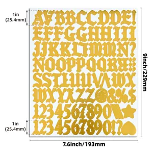 Detaillierte Maße des 1-Zoll-Gothic-Alphabet- und Zahlenaufkleberbogens in Goldglanz.