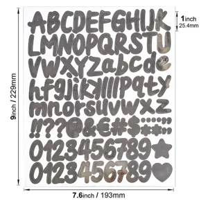 Vista detallada de las dimensiones de la hoja de pegatinas de letras y números plateados