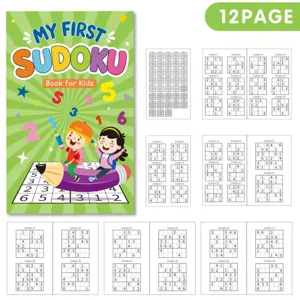 Comprehensive overview of 12-page kids first sudoku puzzle book with various difficulty levels
