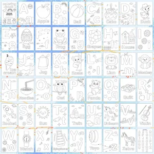 Detailed grid view of 26 alphabet coloring pages featuring animals and objects.