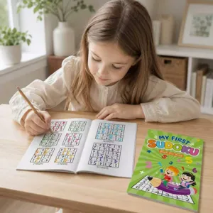 Detailed view of a young girl focused on solving puzzles in a My First Sudoku book.