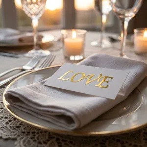 Nahaufnahme eines goldenen LOVE-Aufklebers auf einer Karte für die Geschenkdekoration.