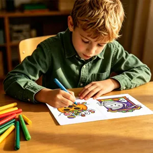 Bambino che disegna in un libro da colorare di zucca di Halloween con pennarelli.