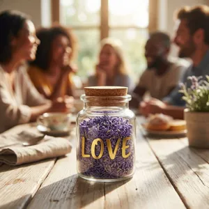 Gros plan d'un autocollant doré 'LOVE' sur un bocal de rangement en verre clair