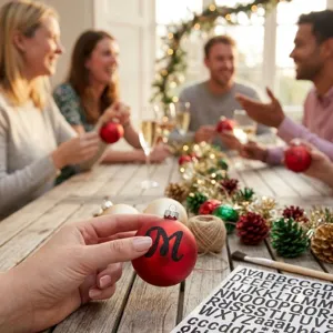 Close-up of a black glitter M letter sticker on a red Christmas ornament ball
