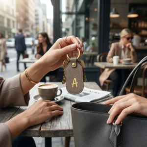 Vue détaillée d'un autocollant de lettre dorée métallique sur un porte-clés en cuir