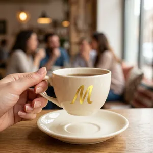 Detail of a 1-inch gold mirror alphabet sticker 'M' applied to a white coffee cup.