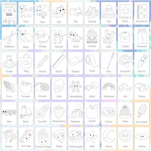 Detailed preview of children's coloring book pages with English word illustrations
