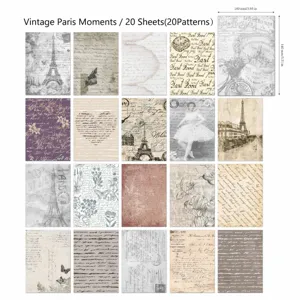 Collection of 20 vintage Paris-themed scrapbook paper patterns with size measurements