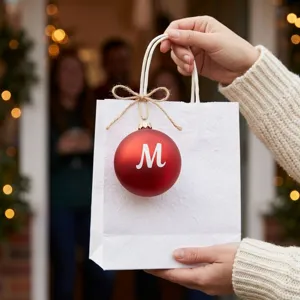Close-up of a white glitter letter M sticker used on a red Christmas ornament for DIY gifting
