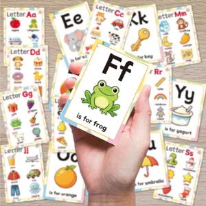 Nahaufnahme einer Phonics-Karte F für Frosch mit farbenfrohen Lernillustrationen für Kinder