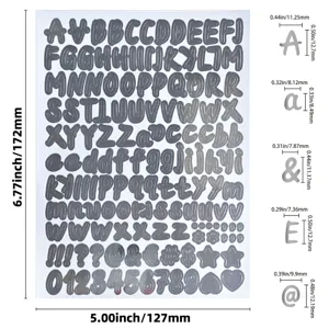 Fiche de mesure détaillée pour les autocollants alphabet et chiffres métalliques argentés.