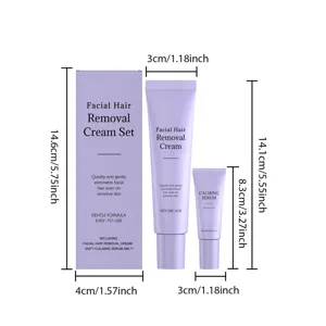Detailed dimensions for facial hair removal cream set including 30g tube and 5ml calming serum