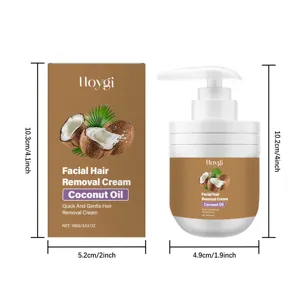 Abmessungen der Hoygi Gesichts-Enthaarungscreme mit Kokosnussöl Flasche und Verpackung