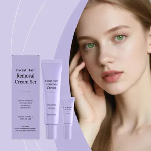 Detail view of gentle facial hair removal cream and calming serum set with model