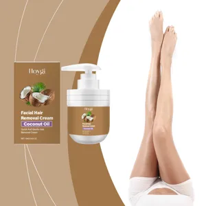 Detail der Hoygi Gesichts-Enthaarungscreme mit Kokosöl-Pumpspender und Verpackung.