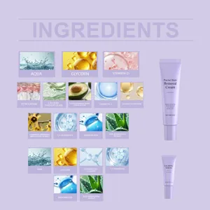 Ingredient breakdown of facial hair removal cream and calming serum with aloe vera.
