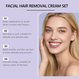 Close-up of a smiling blonde model highlighting facial hair removal cream set features