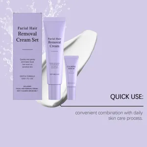 Gentle facial hair removal set featuring 30g cream and 5ml calming serum with aloe
