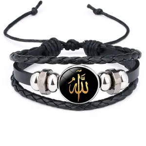 Braided Leather Bracelet Round Glass Cabochon Arabic Calligraphy Pendant Casual Fashion Jewelry Gift For Women