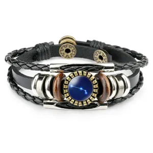 Vintage Multi Layer Braided Leather Bracelet Zodiac Constellation Time Gem Metal Wood Beads Bohemian Jewelry Gift