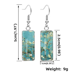 Macro view of rectangular Van Gogh art earrings with dimensions 5cm and weight 9g
