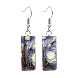 Detail of rectangular stainless steel earrings with Van Gogh Starry Night print
