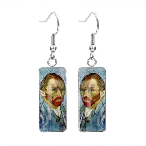 Close-up of stainless steel drop earrings featuring Van Gogh's self-portrait art