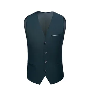 Detailed view of dark green men's slim-fit suit vest with four buttons and pockets