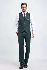 Elegant dark green men's slim fit business casual suit vest and matching formal trousers set