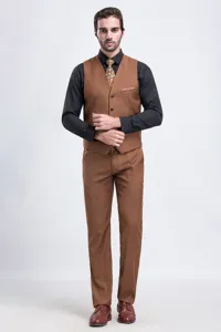 Classic brown slim fit men's formal suit vest paired with matching trousers and black shirt
