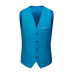 High quality front view detail of a slim fit turquoise men's suit vest with four buttons