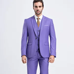 Full front view of a purple slim-fit three-piece suit for weddings and formal events