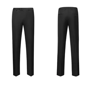 Detailed front and back view of men's slim fit black dress pants and suit trousers
