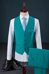 Professional teal men's suit vest and matching tailored trousers set on mannequin
