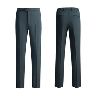 Front and back view of elegant slim fit dark teal men's formal business dress trousers