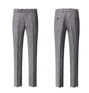 Detailed front and back view of men's grey textured business casual suit trousers