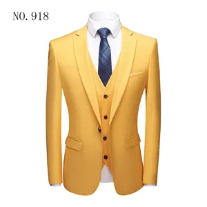 Front view of yellow men's slim fit three-piece suit for wedding and formal events