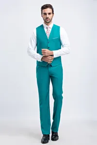 Full view of a men's turquoise slim-fit suit vest and pants set in a studio shot.