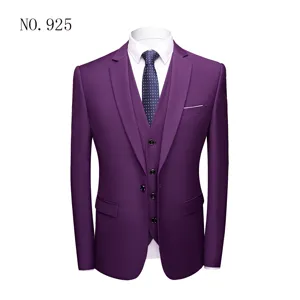 Detailed front view of a slim fit three-piece purple suit for men wedding and business