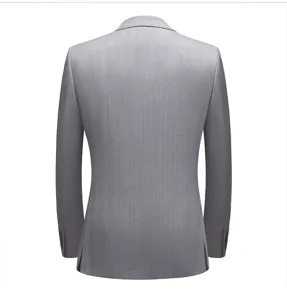 Detailed back view of a slim fit men's light grey pinstripe suit jacket blazer.