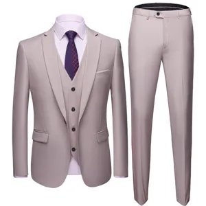 Complete three-piece men's slim fit beige suit with vest, blazer and trousers
