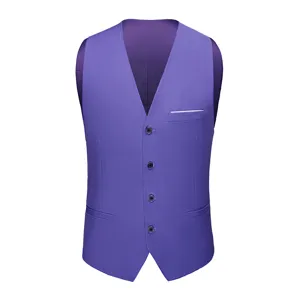 Detailed front view of a slim-fit purple men's suit vest featuring four buttons