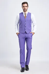 Full view of stylish purple men's suit vest and matching trousers for formal occasions