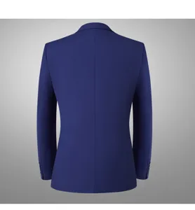 Detailed back view of a slim fit royal blue men's suit jacket with clean seams