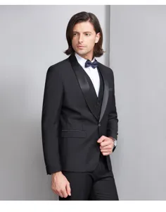 Close-up detail of elegant black three-piece tuxedo with satin shawl collar for men
