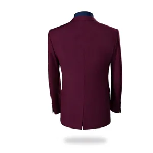 Back view of a slim-fit burgundy men's suit blazer for weddings and formal events