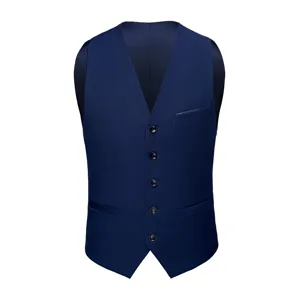 Front view detail of a classic navy blue men's suit vest with five black buttons