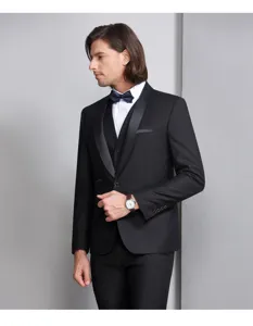Elegant black three-piece men's suit featuring a shawl lapel and matching vest detail