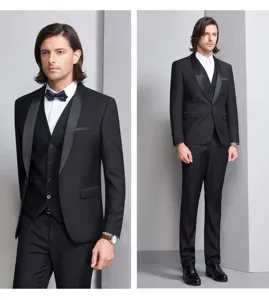 Detailed view of men's black shawl lapel three-piece tuxedo suit set for formal events